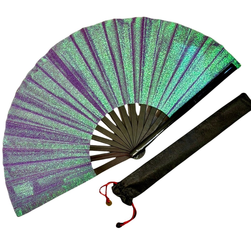 NWT Large Folding Hand Fan 13" Glitter Purple Rave Festival Dance Costume